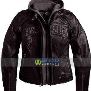 Gents Harley Davidson Reflective Willie G Skull Leather Jacket With Hood