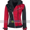 Psychotic Harley Quinn Womens Red & Black Biker Faux Leather Hoodie Jacket