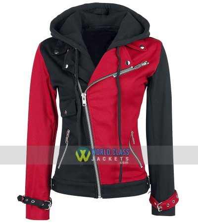 Psychotic Harley Quinn Womens Red & Black Biker Faux Leather Hoodie Jacket