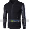 Slim Fit Men's Single Breasted Baseball Jacket with PU Sleeve Black