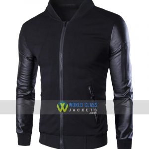 Slim Fit Men's Single Breasted Baseball Jacket with PU Sleeve Black