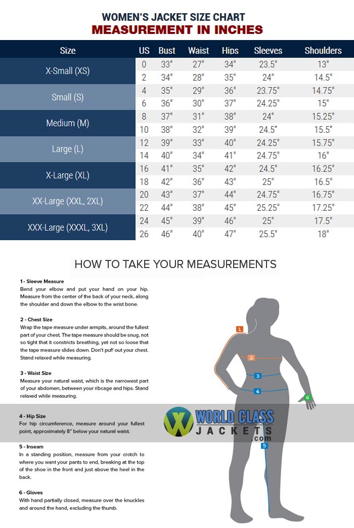 World Class Jackets Women's Size Chart Guide