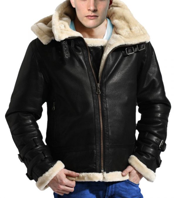 B3 Er Ww2 Real Sheepskin Fur Flight Black Leather Hooded Jacket