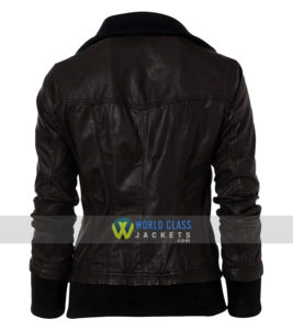 Double Collar Womens Casual Wear Bomber Black Leather Jacket