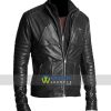 Men Black Double Zipper Biker Rib Quilted Leather Jacket