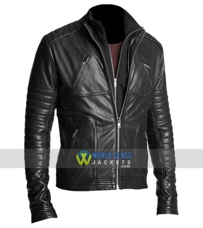 Men Black Double Zipper Biker Rib Quilted Leather Jacket