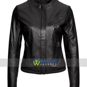 Womens Casual Wear Collarless Black Leather Jacket