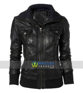 Womens Double Collar Casual Wear Bomber Black Leather Jacket