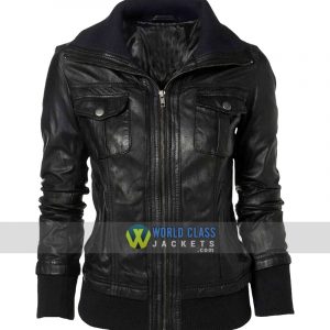 Womens Double Collar Casual Wear Bomber Black Leather Jacket