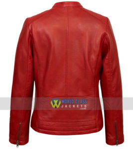 Womens Red Ral Leather Biker Jacket