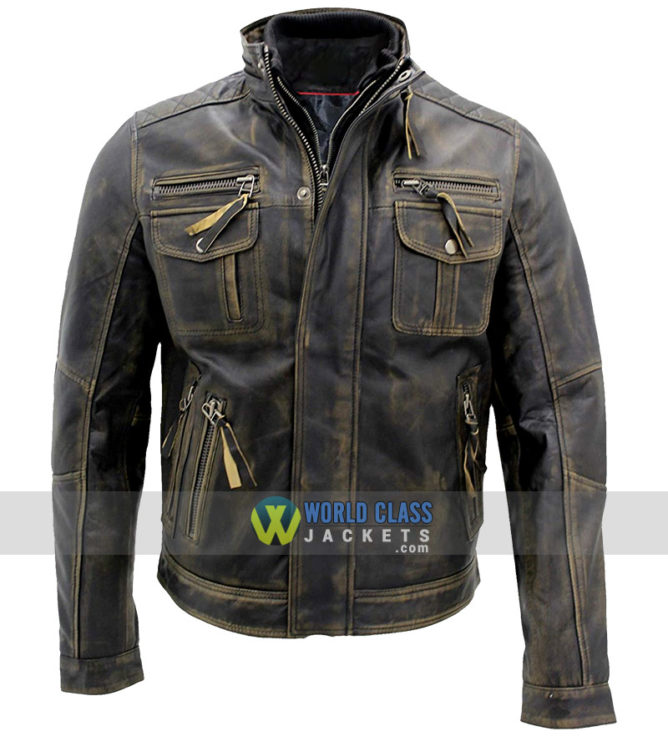 Biker Style Motorcycle Cafe Racer Distressed Metal Brown Leather Jacket