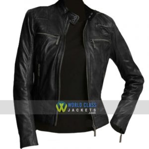 Ladies Attractive Style Black Leather Slim Fit Jacket