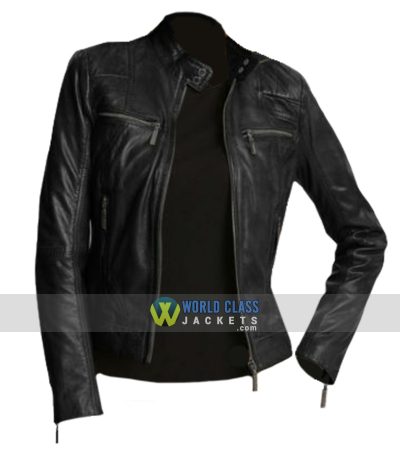 Ladies Attractive Style Black Leather Slim Fit Jacket