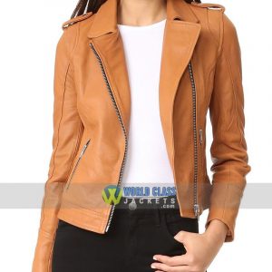 Ladies Tan Slim Fit Motorcycle Leather Jacket