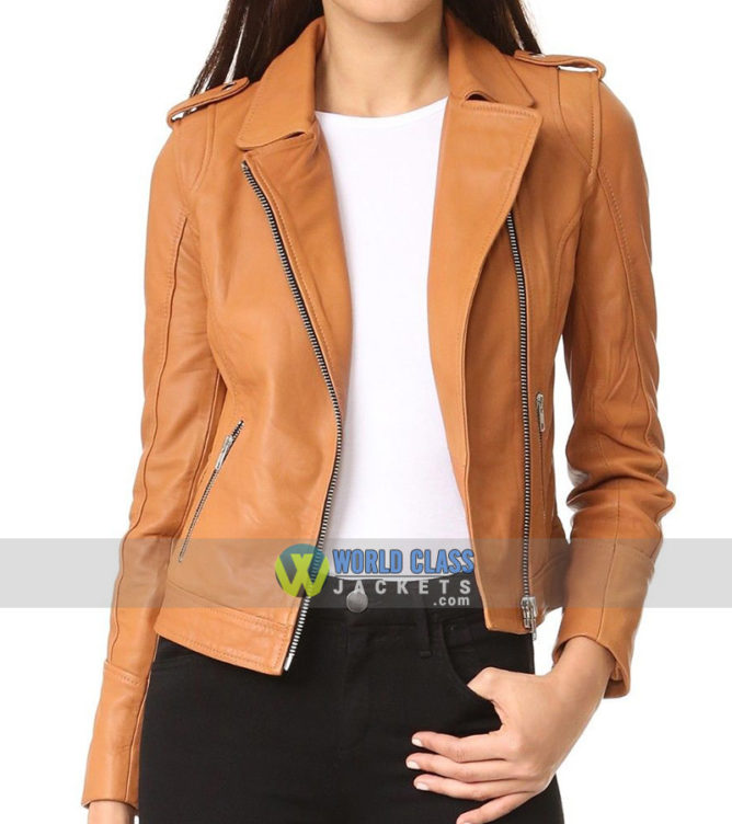 Ladies Tan Slim Fit Motorcycle Leather Jacket