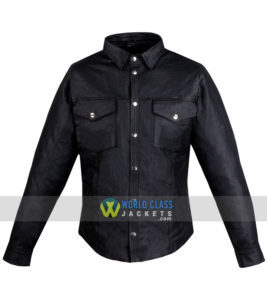 Mens Motorcycle Cowhide Leather Black Full Sleeves Poly Liner Shirt