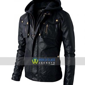 Men's Motorcycle Brando Style Biker Leather Hoodie Jacket