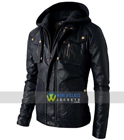 Men's Motorcycle Brando Style Biker Leather Hoodie Jacket