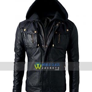 New Men's Motorcycle Brando Style Biker Leather Hoodie Jacket Detach Hood