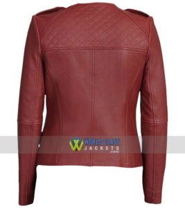 Women Maroon Collarless Biker Slim Fit Leather Jacket