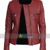 Women Maroon Faux Leather Collarless Biker Slim Fit Jacket