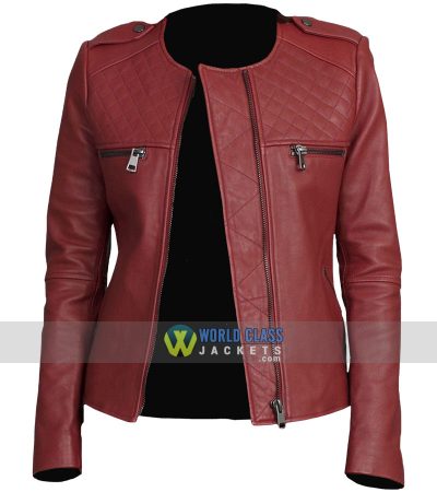 Women Maroon Faux Leather Collarless Biker Slim Fit Jacket