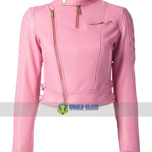 Ladies Pink Leather Slim Fit Biker Leather Jacket