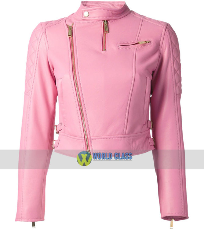 Ladies Pink Leather Slim Fit Biker Leather Jacket