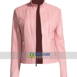 Ladies Pink Slim Fit Moto Biker Leather Jacket