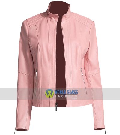 Ladies Pink Slim Fit Moto Biker Leather Jacket