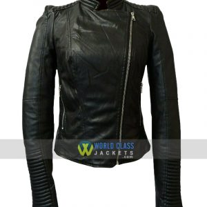 Ladies Real Leather Black Cafe Racer Slim Fit Jacket