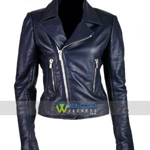 Ladies Slim Fit Blue Leather Moto Biker Leather Jacket