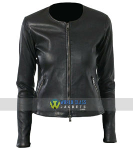 Ladies Slim Fit Collarless Biker Real Leather Jacket