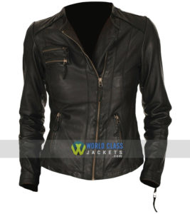 Ladies Unique Style Real Black Leather Biker Jacket