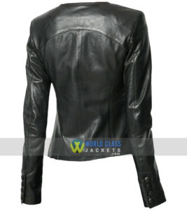 Women Black Casual Party Leather Slim Fit Collarless Jacket