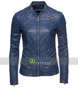 Women Blue Cafe Racer Slim Fit Motorcycle Leather Jacket