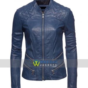 Women Blue Cafe Racer Slim Fit Motorcycle Leather Jacket