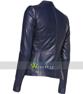 Women Blue Leather Slim Fit 2 Button Office Blazer