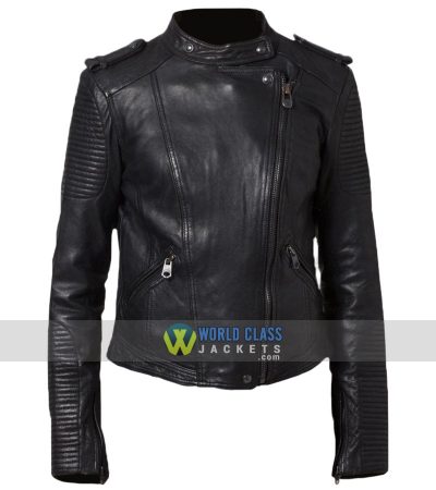 Women Cafe Racer Black Leather Biker Jacket