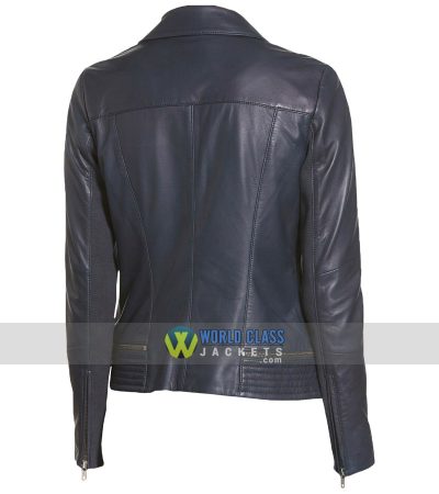 Women Casual Biker Navy Blue Leather Jacket