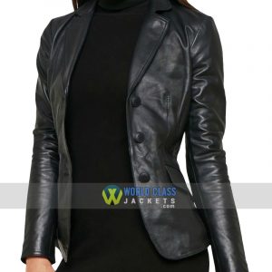 Women Casual Black Leather Office Slim Fit Blazer