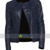 Women Casual Collarless Blue Leather Slim Fit Jacket