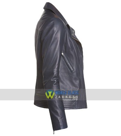 Women Casual Navy Blue Biker Leather Jacket