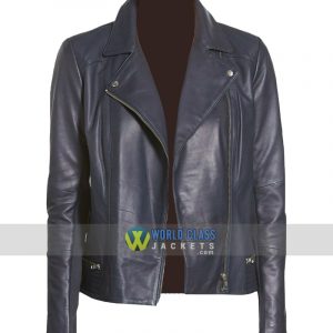 Women Casual Navy Blue Leather Biker Jacket