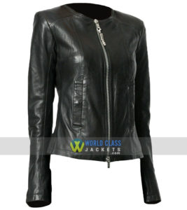 Women Casual Party Slim Fit Collarless Black Leather Jacket