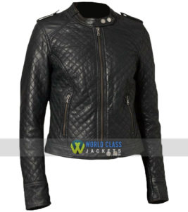 Women Classic Quilted Diamond Real Leather Biker Jacket