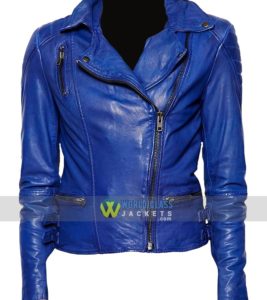 Women Motorcycle Blue Leather Slim Fit Biker Jacket