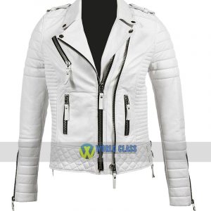 Women Real White Leather Slim Fit Biker Jacket