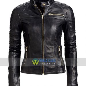 Women Slim Fit Cafe Racer Black Leather Jacket