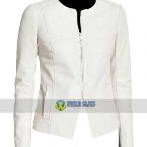 Women Stylish Casual Collarless White Leather Slim Fit Jacket